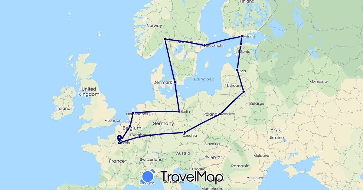 TravelMap itinerary: driving in Belgium, Czech Republic, Germany, Denmark, Estonia, Finland, France, Lithuania, Luxembourg, Latvia, Netherlands, Norway, Poland, Sweden (Europe)